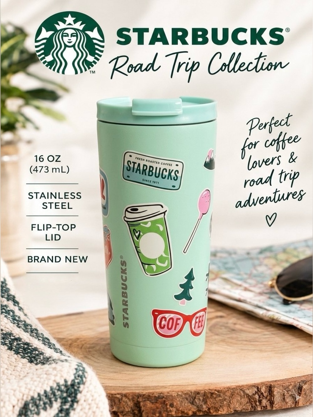Starbucks 2026 Road Trip Sticker Tumbler 16oz Mint Green Stainless Steel NWT